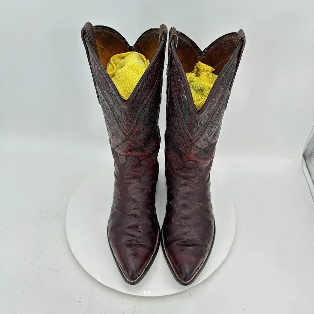 Tony Lama Men Size 7D Burgundy Full Quill Ostrich Leather Pull On Western Boot